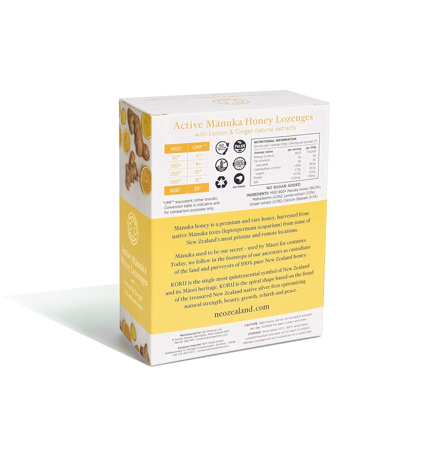 KORU Manuka Honey Lozenges with Lemon & Ginger Natural Extracts (MGO 800+)