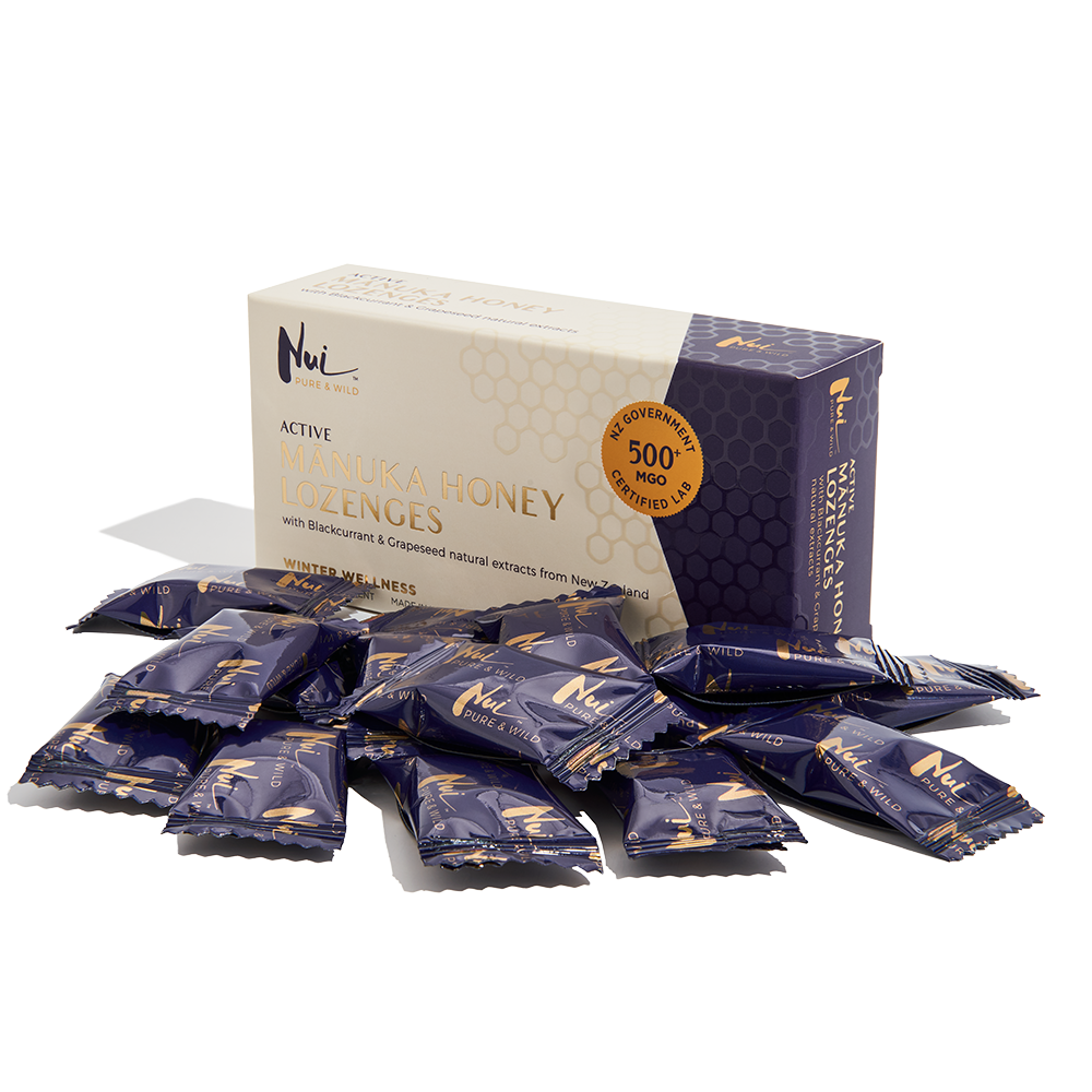 NUI Active Mānuka Honey Lozenges with Blackcurrant & Grapeseed Extracts - MGO 500+ | UMF 15+ | Pack of 16