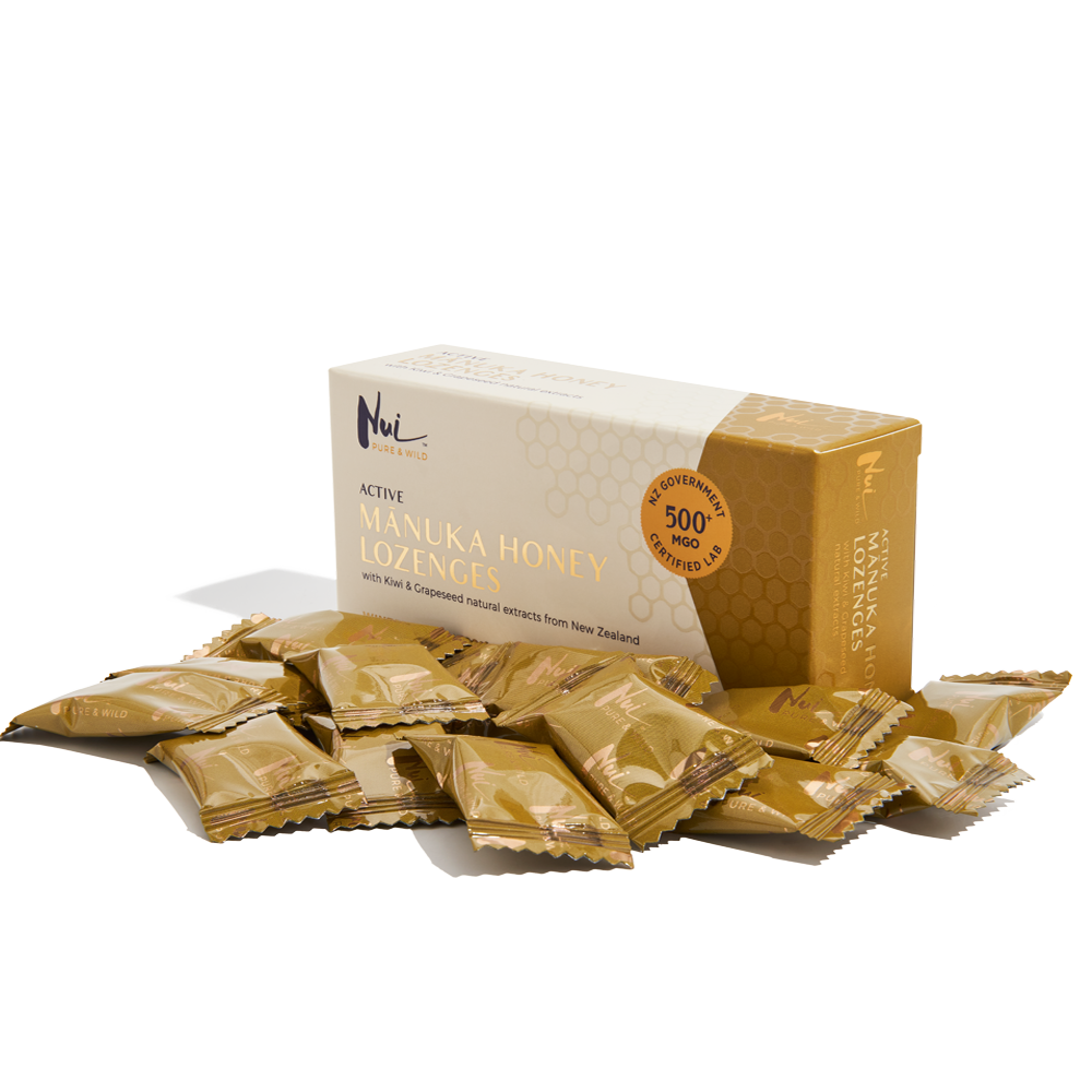 NUI Active Mānuka Honey Lozenges with Kwifruit & Grapeseed Extracts - MGO 500+ | UMF 15+ | Pack of 16