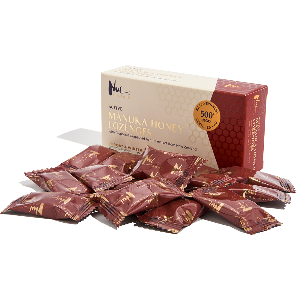 NUI Active Mānuka Honey Lozenges with Propolis & Grapeseed Extracts - MGO 500+ | UMF 15+ | Pack of 16