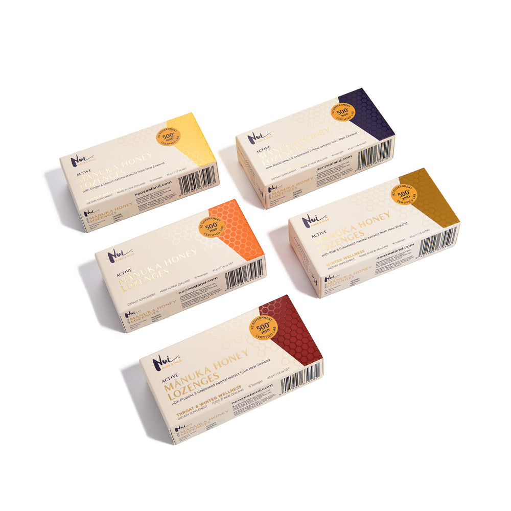 NUI Active Mānuka Honey Lozenges with Ginger & Lemon Extracts - MGO 500+ | UMF 15+ | Pack of 16