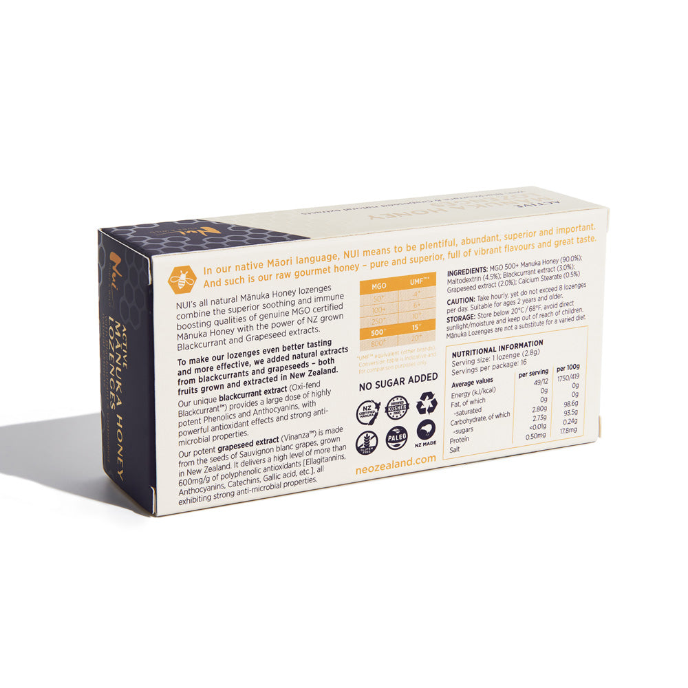 NUI Active Mānuka Honey Lozenges with Blackcurrant & Grapeseed Extracts - MGO 500+ | UMF 15+ | Pack of 16