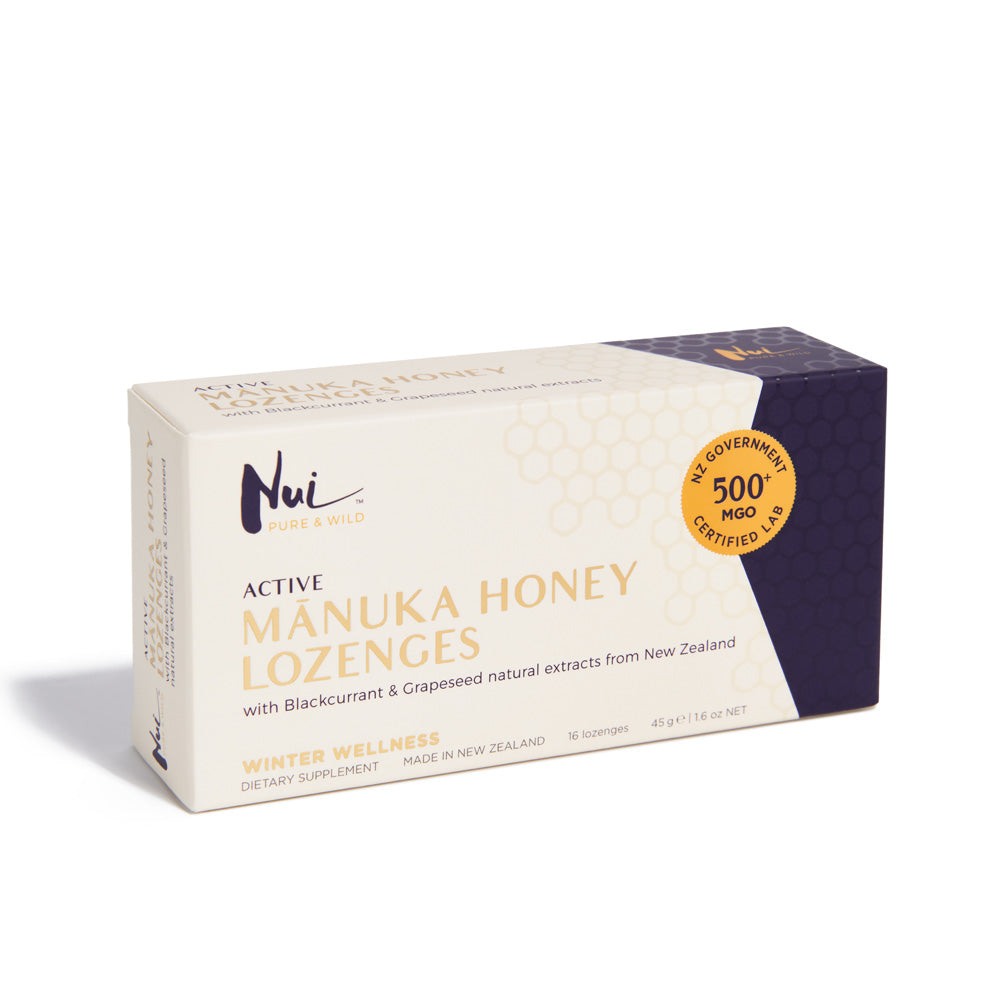 NUI Active Mānuka Honey Lozenges with Blackcurrant & Grapeseed Extracts - MGO 500+ | UMF 15+ | Pack of 16