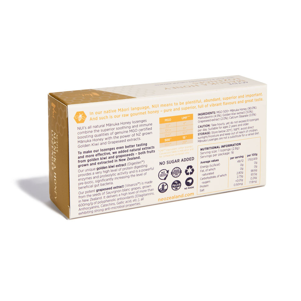 NUI Active Mānuka Honey Lozenges with Kwifruit & Grapeseed Extracts - MGO 500+ | UMF 15+ | Pack of 16
