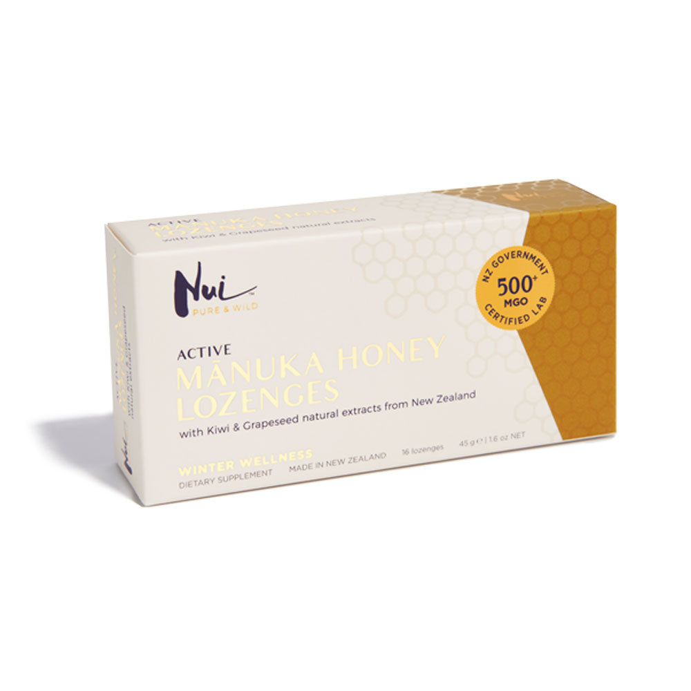 NUI Active Mānuka Honey Lozenges with Kwifruit & Grapeseed Extracts - MGO 500+ | UMF 15+ | Pack of 16