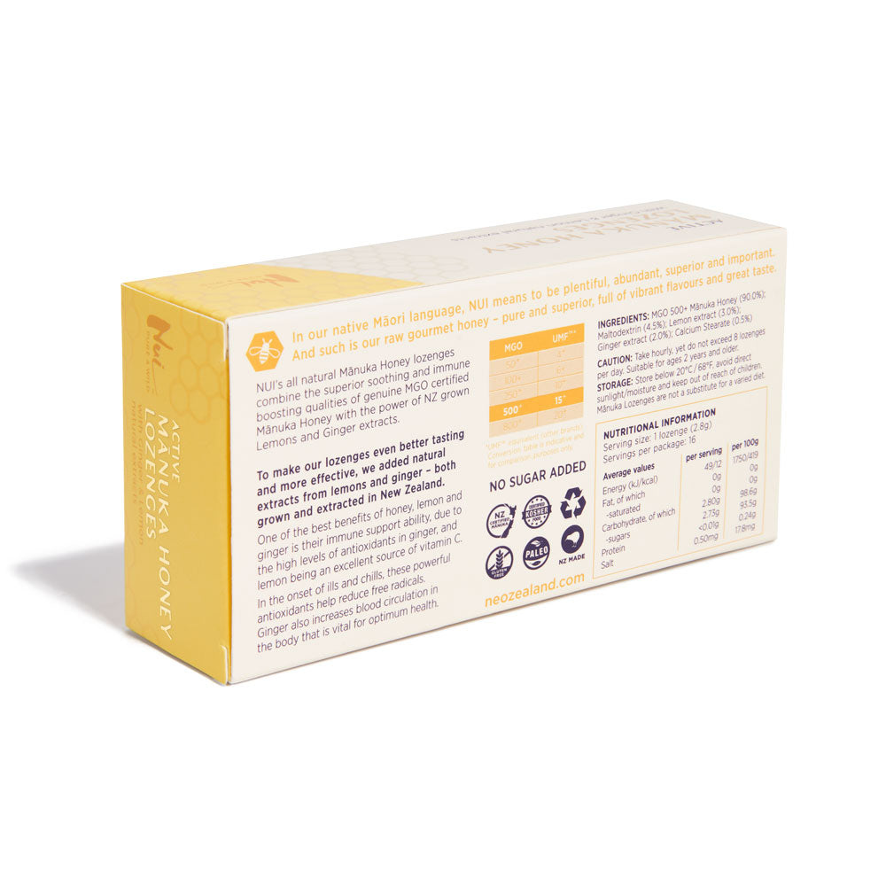 NUI Active Mānuka Honey Lozenges with Ginger & Lemon Extracts - MGO 500+ | UMF 15+ | Pack of 16