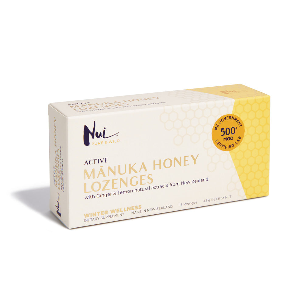 NUI Active Mānuka Honey Lozenges with Ginger & Lemon Extracts - MGO 500+ | UMF 15+ | Pack of 16