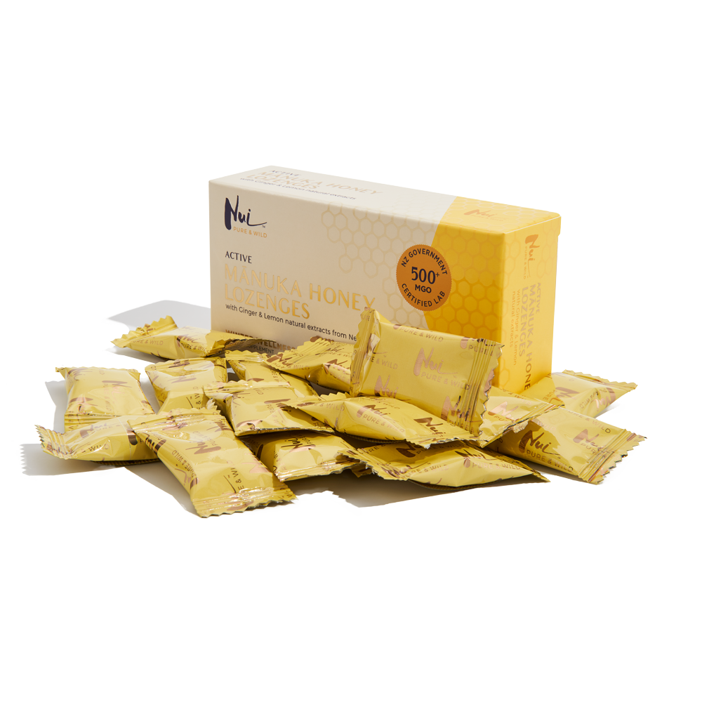 NUI Active Mānuka Honey Lozenges with Ginger &amp; Lemon Extracts - MGO 500+ | UMF 15+ | Pack of 16