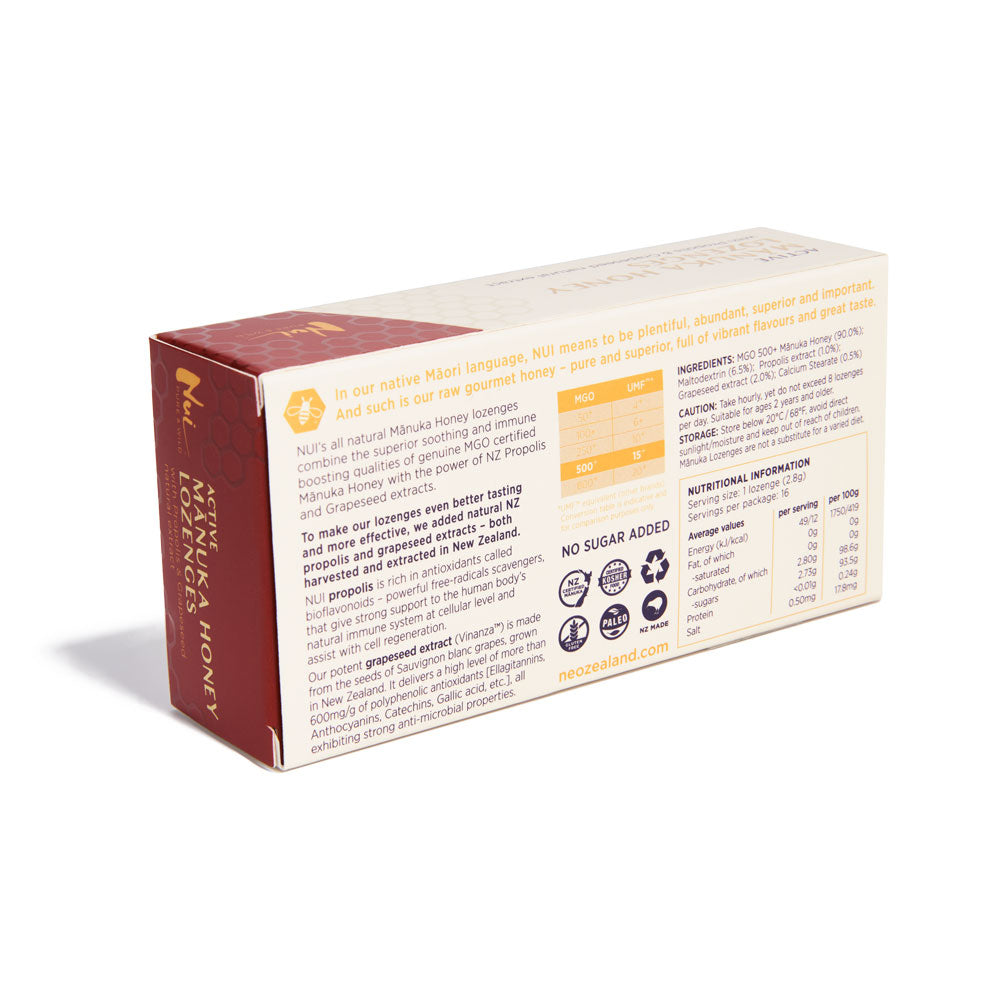 NUI Active Mānuka Honey Lozenges with Propolis &amp; Grapeseed Extracts - MGO 500+ | UMF 15+ | Pack of 16