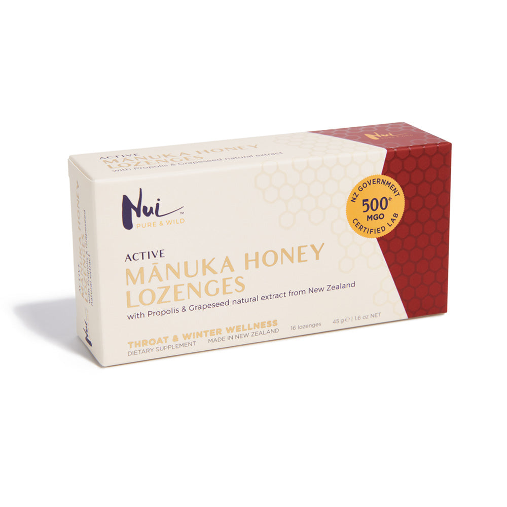 NUI Active Mānuka Honey Lozenges with Propolis &amp; Grapeseed Extracts - MGO 500+ | UMF 15+ | Pack of 16